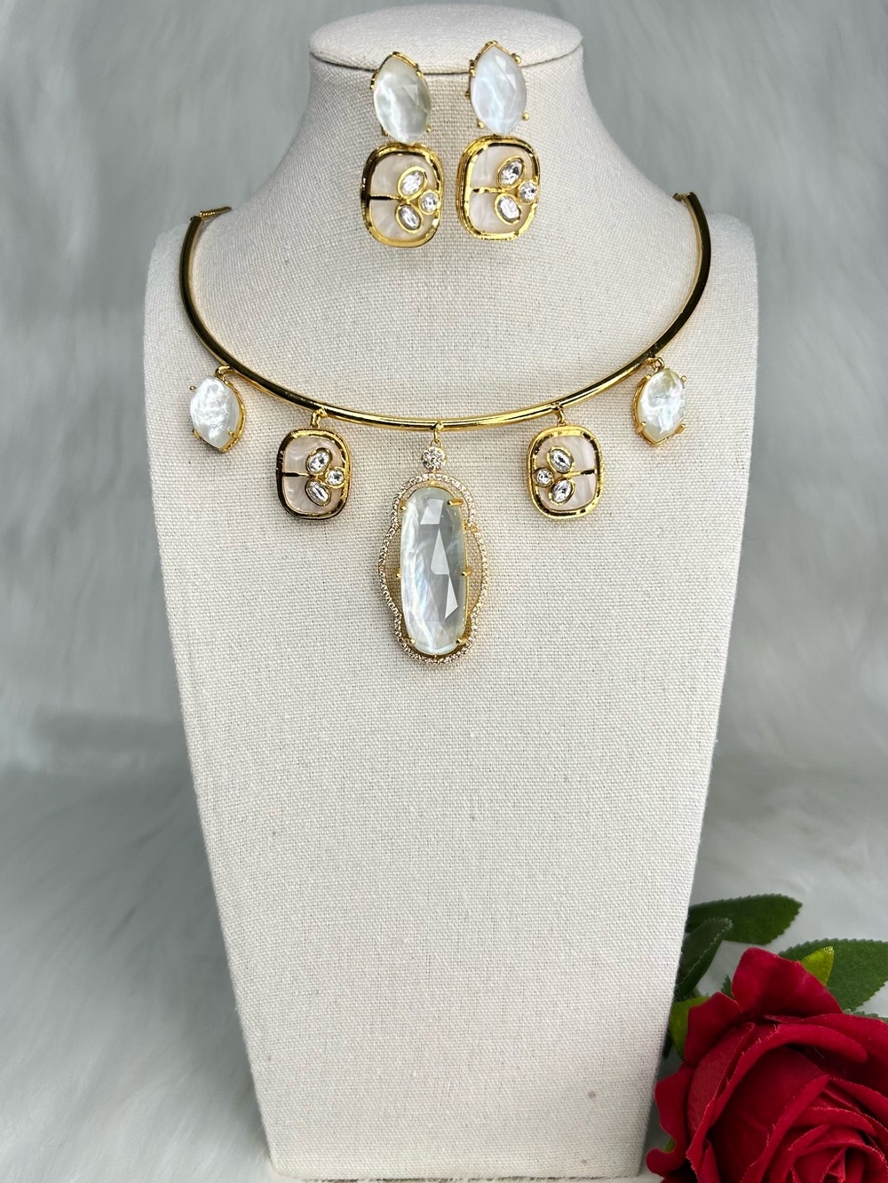Gold-Tone White Crystal Hasli Necklace With Earrings